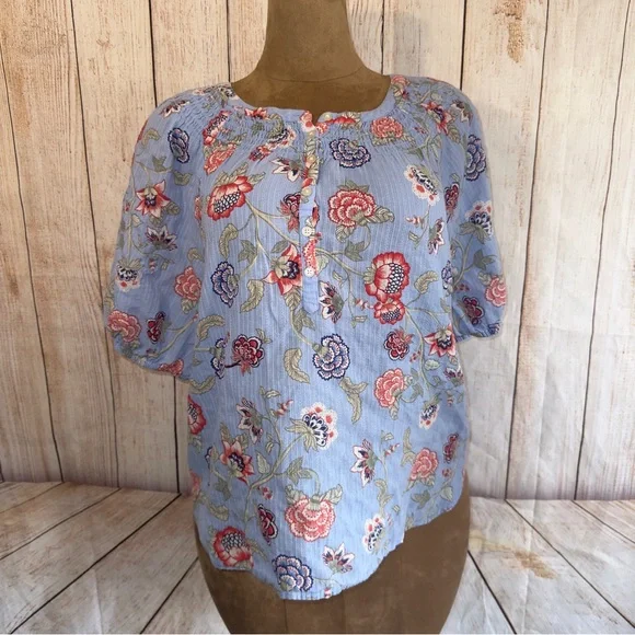 LOFT Blue Floral Blouse, lightweight, eyelet detail, elastic sleeve, women’s XL - Picture 1 of 10